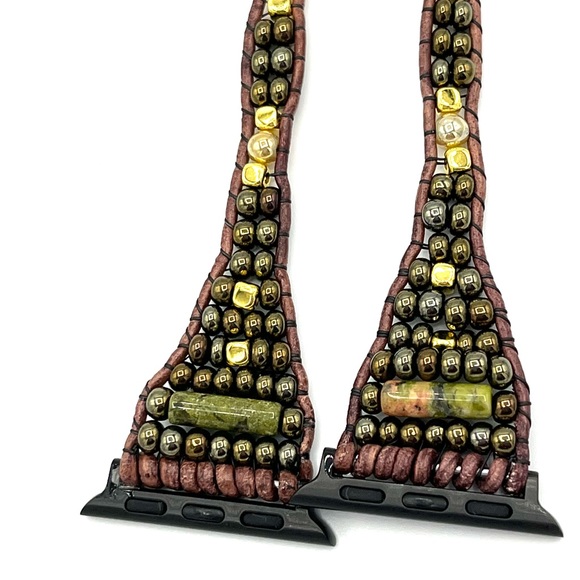 HAND CRAFTED Brown Leather Apple Watch Wrap with Green and Gold Beads. - Picture 5 of 5